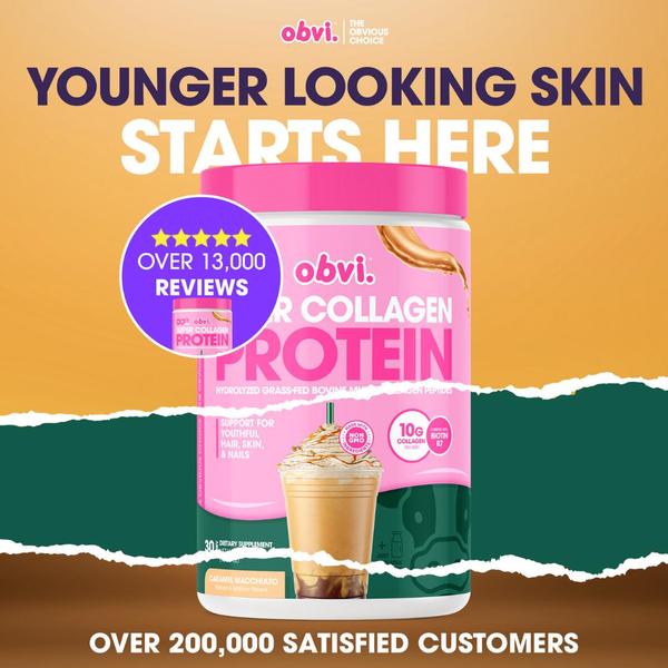 A square-ratio ad creative featuring a product jar of collagen protein with a bold value proposition focused on skin health.